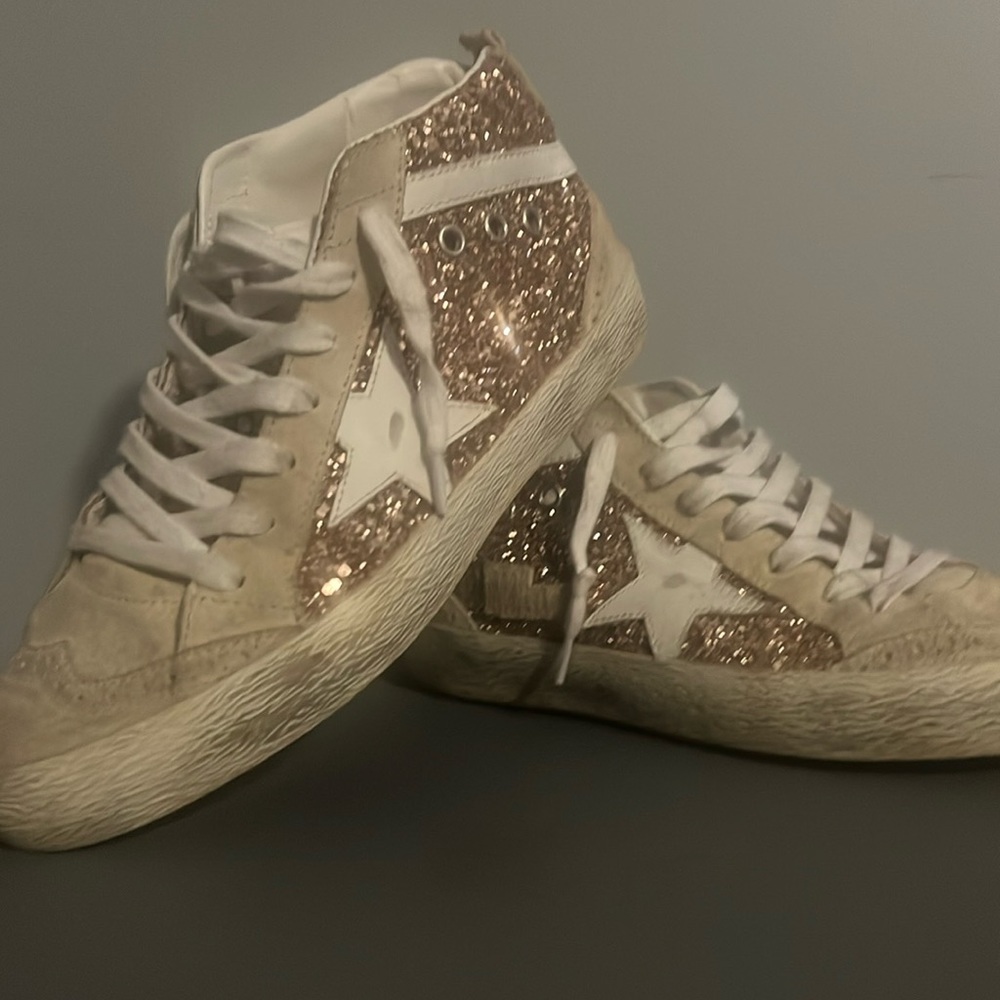 Golden Goose Mid Star Sneakers - Size 38, Pink & Champagne Glitter Gently Used
